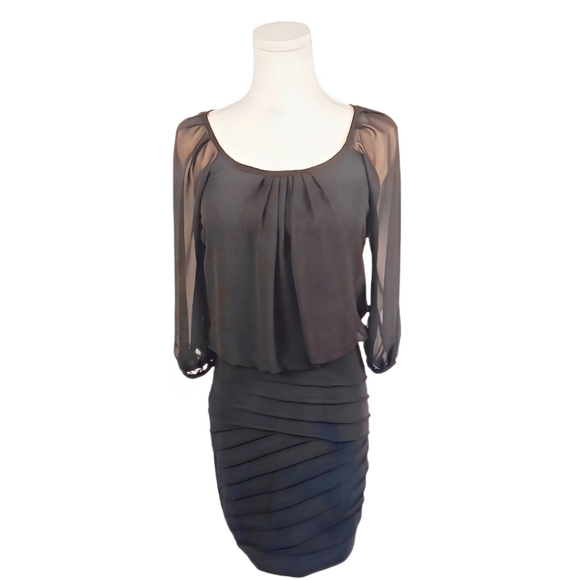 B. Darlin Black Sheer Sleeve Cocktail Dress XS Bodycon Mini Blouson Skirt - Picture 1 of 6